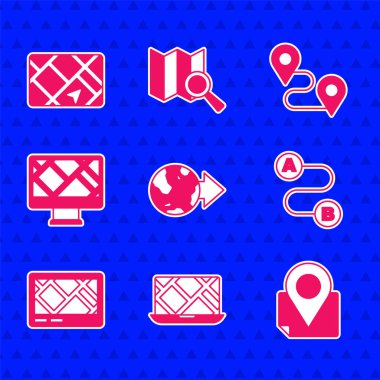 Set Location on the globe, City map navigation, Folded with location marker, Route, Gps device, Monitor,  and  icon. Vector