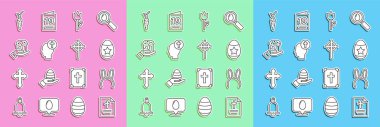 Set line Greeting card with Happy Easter, Mask long bunny ears, egg, Flower tulip, Human head christian cross, hand and easter cake, Carrot and Christian icon. Vector