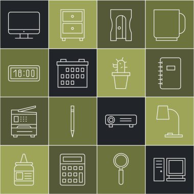 Set line Computer monitor, Table lamp, Spiral notebook, Pencil sharpener, Calendar, Digital alarm clock, screen and Cactus and succulent in pot icon. Vector