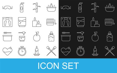 Set line Knitting needles, Spa salt, Sauna bucket and ladle, Bamboo stems with leaves, Glass water, Bathroom scales, Eye sleep mask and Burning candle icon. Vector