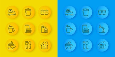 Set line Online ordering noodles delivery, Coffee cup to go, and, Fast by car,  and  icon. Vector