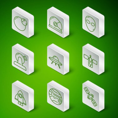 Set line Satellite, Planet, UFO flying spaceship, Astronomical observatory, Astronaut helmet, Rocket and  icon. Vector