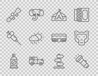 Set line Spray against insects, Flashlight, Tourist tent, Off road car, Sniper optical sight, Cloud with rain, Road traffic sign and Monkey icon. Vector