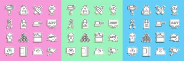 Set line Security camera, Speech bubble with text art, Marker pen, Spray can nozzle cap, Bolt cutter, Paint roller brush and  icon. Vector