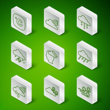 Set line Windy weather, Celsius, Man having headache, Cloud with snow, Rainbow clouds, and rain and  icon. Vector