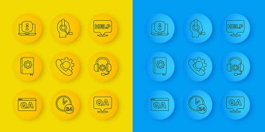 Set line Question and Answer, User manual, Telephone 24 hours support, Headphones, Laptop with information, Speech bubble text Help and Man headset icon. Vector
