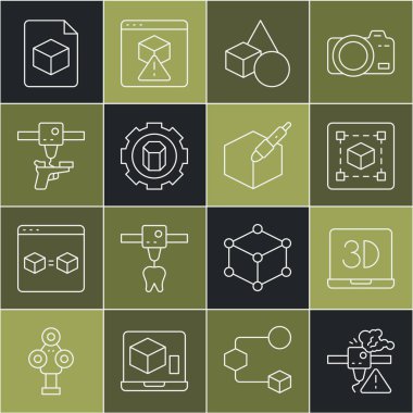 Set line 3D printer warning, Geometric figure Cube, Basic geometric shapes, setting, gun, Isometric cube file and 3d pen tool icon. Vector