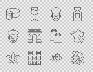 Set line Fleur De Lys, Coffee cup with croissant, Cook, Notre Dame de Paris, Cheese, Triumphal Arch, Village landscape and Map France icon. Vector