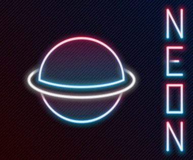 Gezegen Satürn 'ün parlak neon çizgisi. Gezegen halkası simgesi siyah arkaplanda izole edilmiş. Renkli taslak konsepti. Vektör