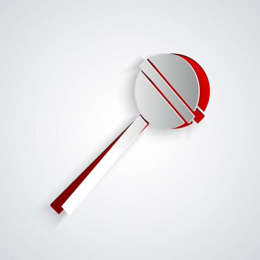 Kağıt kesiği, gri arkaplanda izole edilmiş lolipop simgesi. Yemek, lezzetli bir sembol. Kağıt sanatı tarzı. Vektör İllüstrasyonu.
