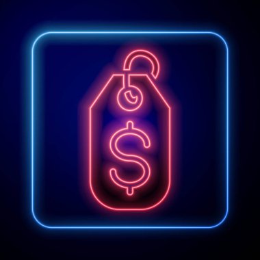 Siyah arka planda dolar simgesi olan parlak neon Price etiketi. Rozet fiyatına. Dolar sembollü indirim. Reklam etiketi indirimi. Vektör.