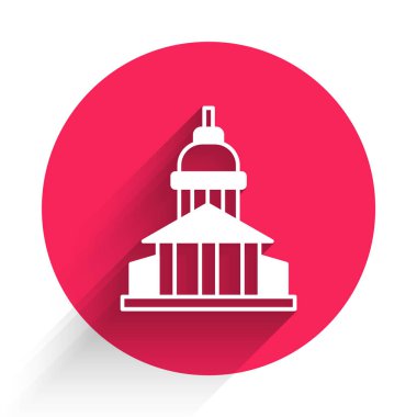 White Museum building icon isolated with long shadow background. Red circle button. Vector