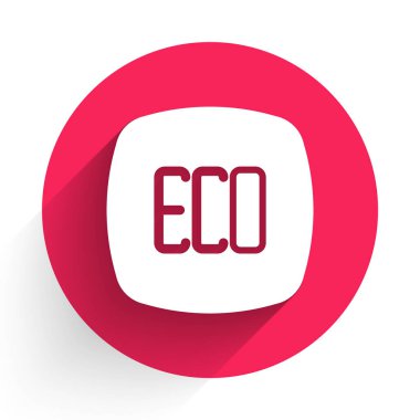 Beyaz Yaprak Çevre sembolü uzun gölge arkaplanı ile izole edilmiş. Pankart, etiket, etiket, logo, çevre yeşili etiketi. Kırmızı daire düğmesi. Vektör