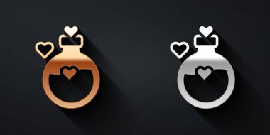 Siyah arka planda izole edilmiş aşk ikonu ikonu olan altın ve gümüş şişe. Sevgililer günün kutlu olsun. Uzun gölge tarzı. Vektör