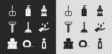 Set Nail scissors, Bottle of shampoo, Mouthwash bottle, Handle broom, Dental floss, Tube toothpaste, Shaving razor and Rubber plunger icon. Vector