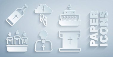Set Priest, Ark of noah, Burning candle in candlestick, Flag with christian cross, God's helping hand and Holy water bottle icon. Vector