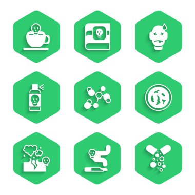 Set Chemical formula, Cigarette, Poisoned pill, Petri dish with bacteria, Poisonous cloud of gas smoke, Spray against insects, Man poisoning and Coffee cup skull icon. Vector