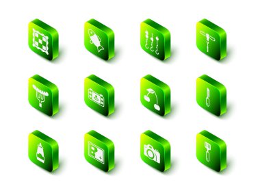 Set Fish, Grilled shish kebab on skewer, Wine corkscrew, Knife, Spatula, Cherry, Photo camera and Folded map icon. Vector