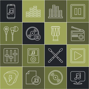 Set line Musical note in speech bubble, Play square, Radio with antenna, equalizer, Vinyl disk, Air headphones, player and Drum icon. Vector