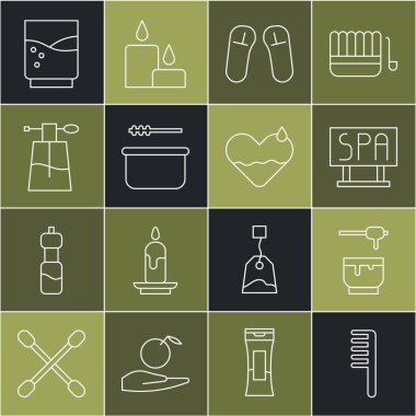 Set line Hairbrush, Honey dipper stick and bowl, Spa salon signboard, Slipper, Sauna bucket ladle, Perfume, Glass with water and Heart heal icon. Vector