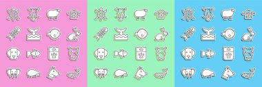 Set line Whale, Hippo or Hippopotamus, Rabbit, Sheep, tail in ocean wave, Fish skeleton, Turtle and Puffer fish icon. Vector