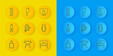 Set line Cutting board, Tabasco sauce, Oven glove, BBQ brazier, Meat tongs, Bacon stripe, Location with fire flame and chopper icon. Vector