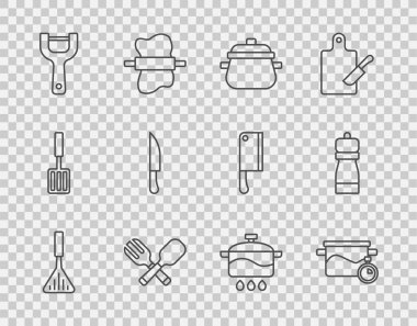Set line Barbecue spatula, Cooking pot, Crossed fork and spoon, Vegetable peeler, Knife,  and Pepper icon. Vector