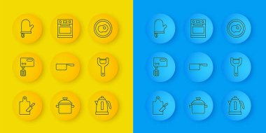 Set line Cutting board and knife, Electric mixer, Saucepan, kettle, Vegetable peeler, Oven glove, Scrambled eggs and  icon. Vector