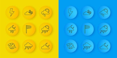Set line Earth planet with clouds, Storm, Cone windsock wind vane, Cloud moon, rain and sun, Lightning bolt,  and Windy weather icon. Vector