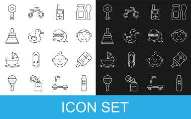Set line Pregnancy test, Baby bottle, Little boy head, monitor walkie talkie, Rubber duck, Pyramid toy, Rattle baby and Speech bubble mom icon. Vector
