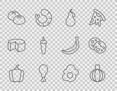 Set line Bell pepper, Onion, Pear, Chicken leg, Bread loaf, Hot chili, Scrambled egg and Cookie with chocolate icon. Vector