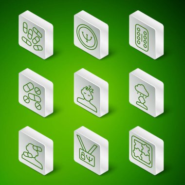 Set line Solution problem in psychology, Psychology, Medicine pill or tablet, Dreams, Sedative pills and Depression and frustration icon. Vector