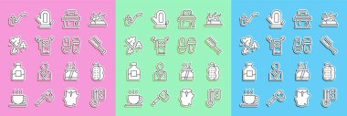 Set line Sauna thermometer, Washcloth, brush, Towel on hanger, Oak leaf, ladle and slippers icon. Vector