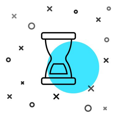 Siyah çizgi Beyaz zemin üzerinde kum ikonu akan eski kum saati. Kum saati işareti. İş ve zaman yönetimi kavramı. Rastgele dinamik şekiller. Vektör.