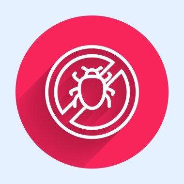 White line Stop colorado beetle icon isolated with long shadow background. Red circle button. Vector.