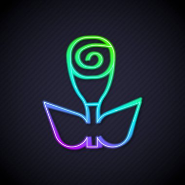 Parlayan neon hattı çiçek gül simgesi siyah arkaplanda izole edildi. Vektör.