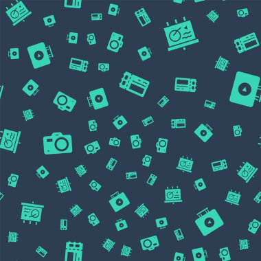 Set Cinema ticket, Scenario on chalkboard, Photo camera and Online play video on seamless pattern. Vector.