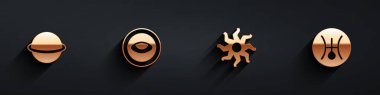 Set Planet Saturn Medallion with eye Sun and Symbol Uranus icon with long shadow. Vector.