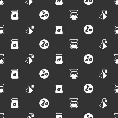 Set Teapot bag packaging and leaf on seamless pattern. Vector.