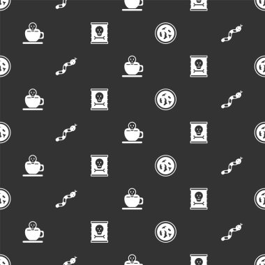 Set Petri dish with bacteria Snake Coffee cup skull and Radioactive waste in barrel on seamless pattern. Vector.