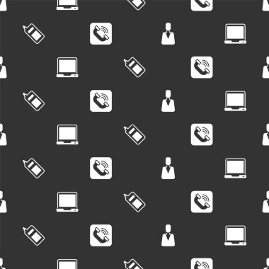 Set Employee Laptop Mobile phone and Telephone handset on seamless pattern. Vector.