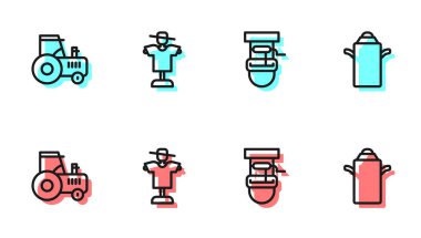 Set line Well with bucket, Tractor, Scarecrow and Can container for milk icon. Vector.