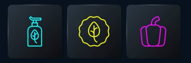 Set line Organic cosmetic, Bell pepper and Leaf or leaves. Black square button. Vector.