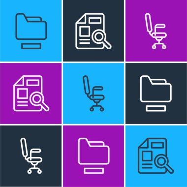 Set line Document folder Office chair and with graph chart icon. Vector.