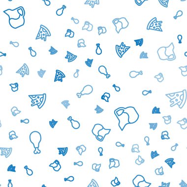 Set line Chicken leg Jug glass with milk and Slice of pizza on seamless pattern. Vector.