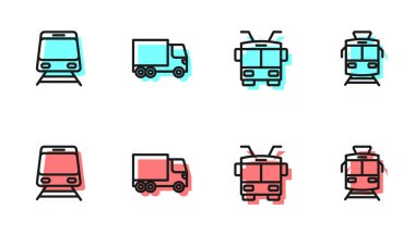 Set line Trolleybus Train and railway Delivery cargo truck and Tram icon. Vector.