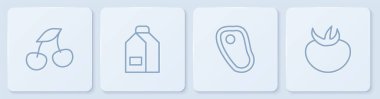 Set line Fresh berries Steak meat Paper package for milk and Tomato. White square button. Vector.