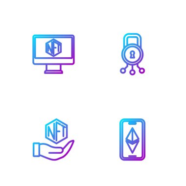 Set line Ethereum ETH NFT Digital crypto art Monitor with store app and Cyber security. Gradient color icons. Vector.