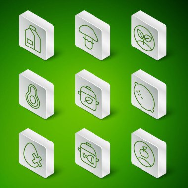 Set line Apple Cooking pot and chicken leg Paper package for milk Vegan food diet Avocado fruit Mushroom No egg and Lemon icon. Vector.