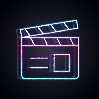 Parlayan neon hattı film alkışlayıcı simgesi siyah arkaplanda izole edildi. Film alkışlama tahtası. Alkış tahtası işareti. Sinema yapımı ya da medya endüstrisi. Vektör.